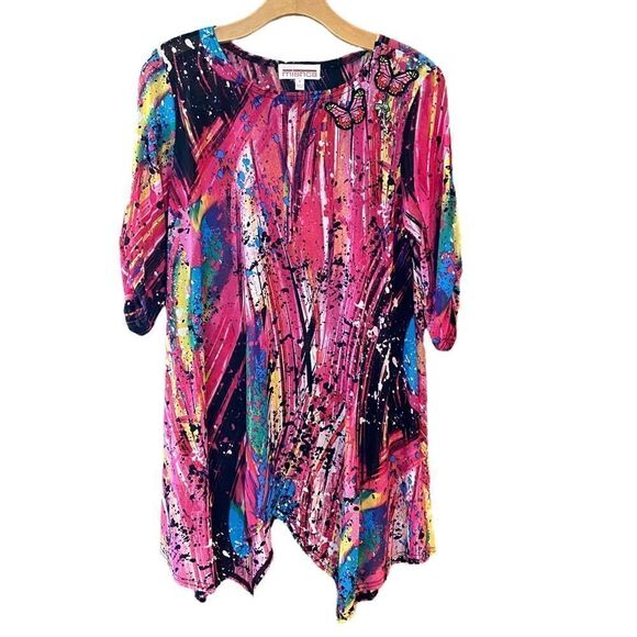 Mishca Sz S Fuschia Pink Paint Spattered Mesh Stretch Contemporary Swim Cover - Picture 1 of 8